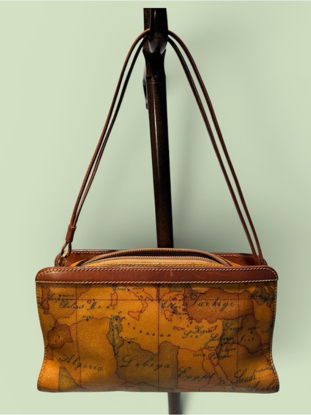Alviero Martini Brown Map-Print Leather Messenger Bag